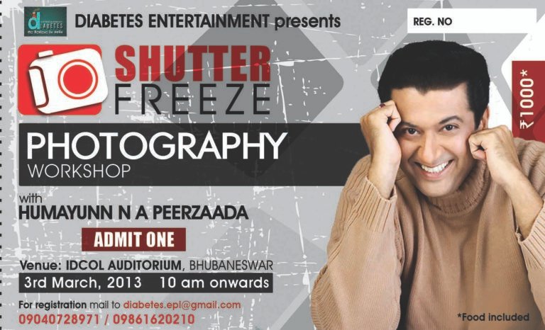 Photography workshop poster — Shutter Freeze presented by Diabetes Entertainment with Humayunn Peerzaada at Bhubaneshwar, 2014.