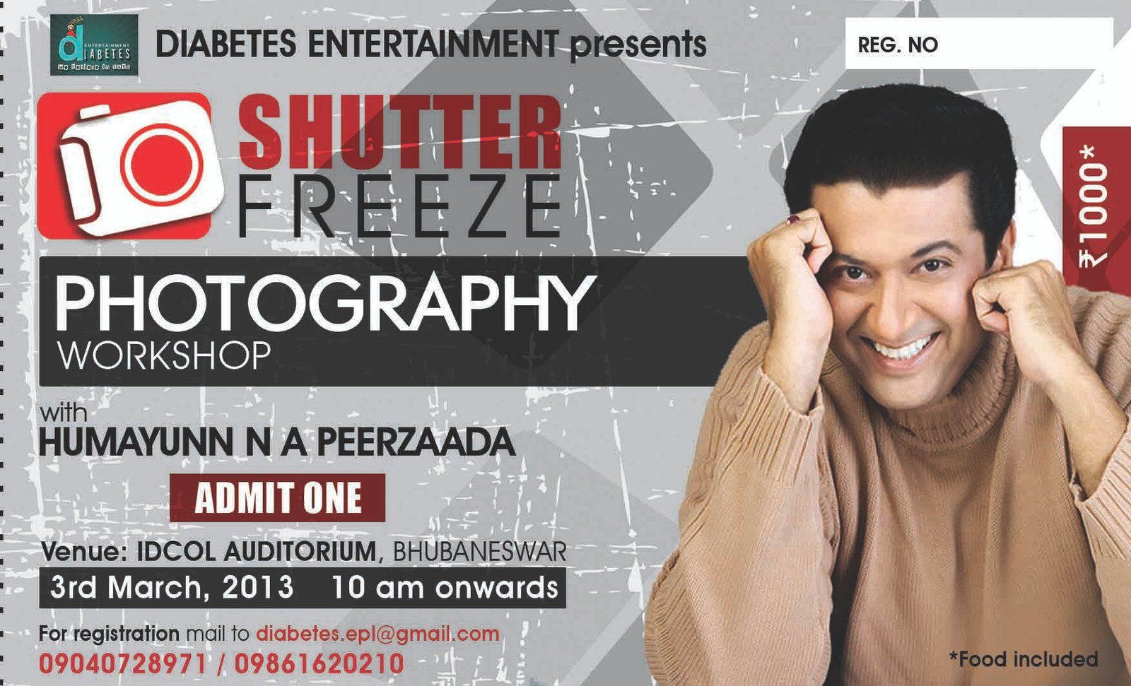 Photography workshop poster — Shutter Freeze presented by Diabetes Entertainment with Humayunn Peerzaada at Bhubaneshwar, 2014.