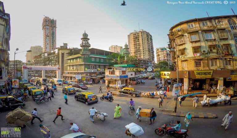 Street view of Dongri, Mumbai — heritage buildings, bustling markets, and the essence of an old yet timeless neighborhood, captured by Humayunn Peerzaada