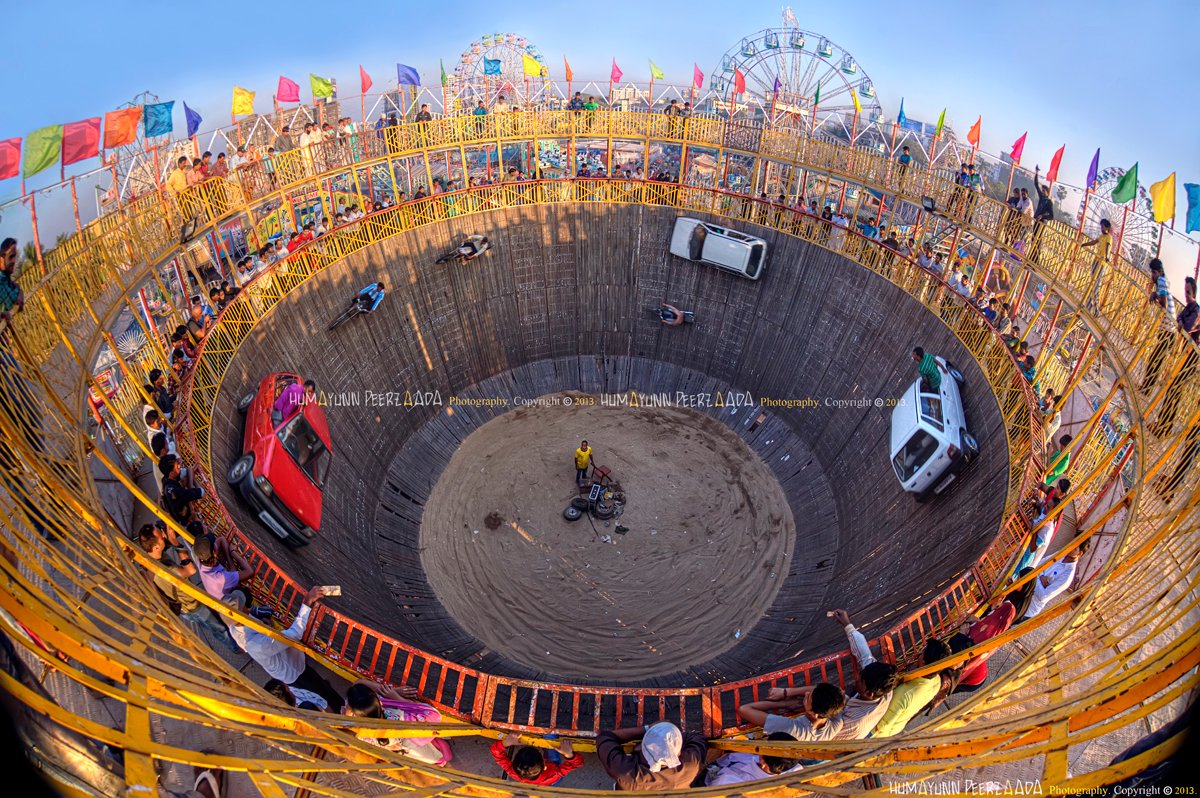 Well of Death stunt show at Mahim Fair, Mumbai — bikers and cars performing daring stunts inside the wooden arena.