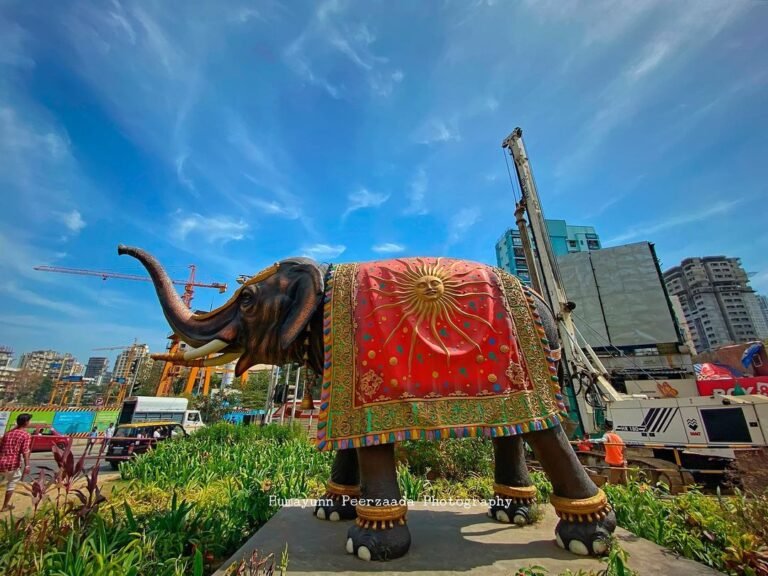 Colorful elephant art installation at Prabhadevi Junction, Mumbai — blending creativity with urban culture, captured by Humayunn Peerzaada.