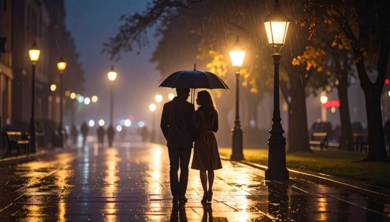 Silhouettes of a couple walking under an umbrella in the rain, illuminated by glowing street lamps — evoking the romance and longing of the song “Tu Jaane Na” from Ajab Prem Ki Ghazab Kahani.