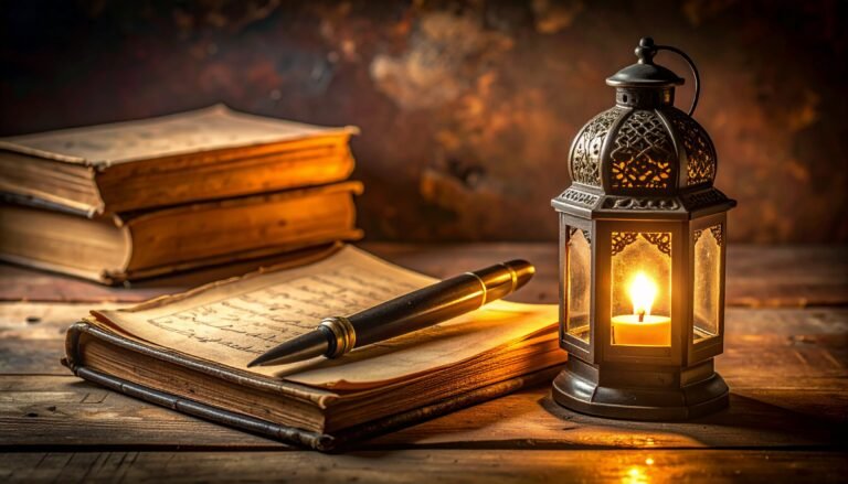 Cinematic sepia-toned still life featuring an ink pen, old Urdu poetry pages, and books under a lantern’s glow — symbolizing the timeless treasure of Sahir Ludhianvi’s words.