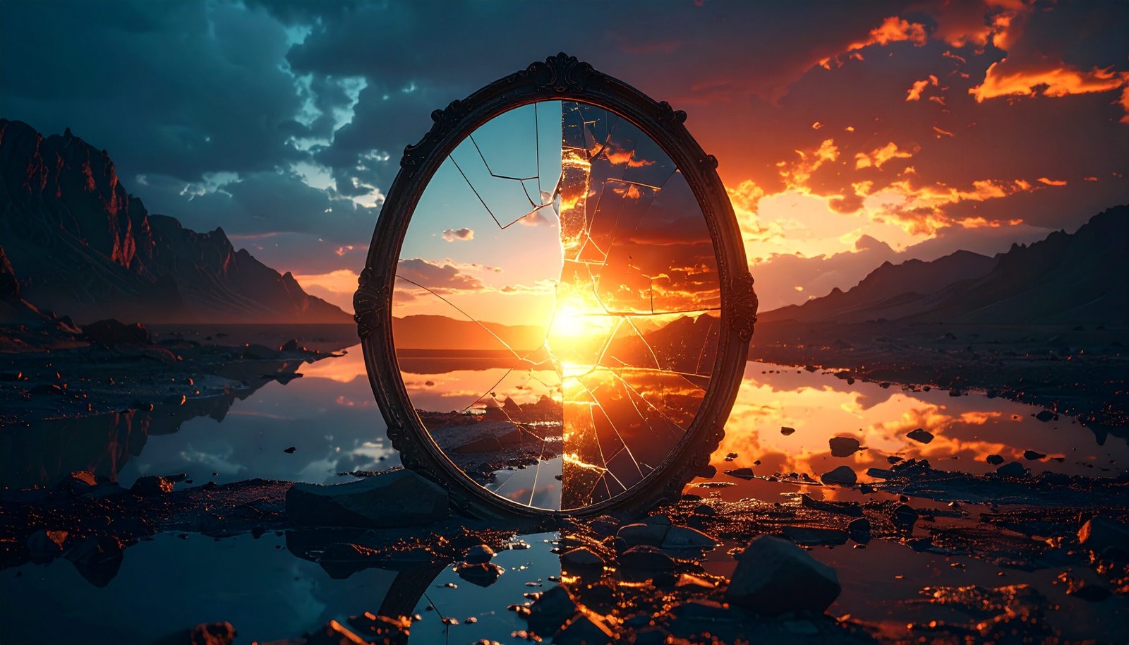 A surreal cinematic composition of a cracked mirror reflecting two contrasting sides — one glowing bright, the other shadowed — symbolizing the duality of life and inner conflict.