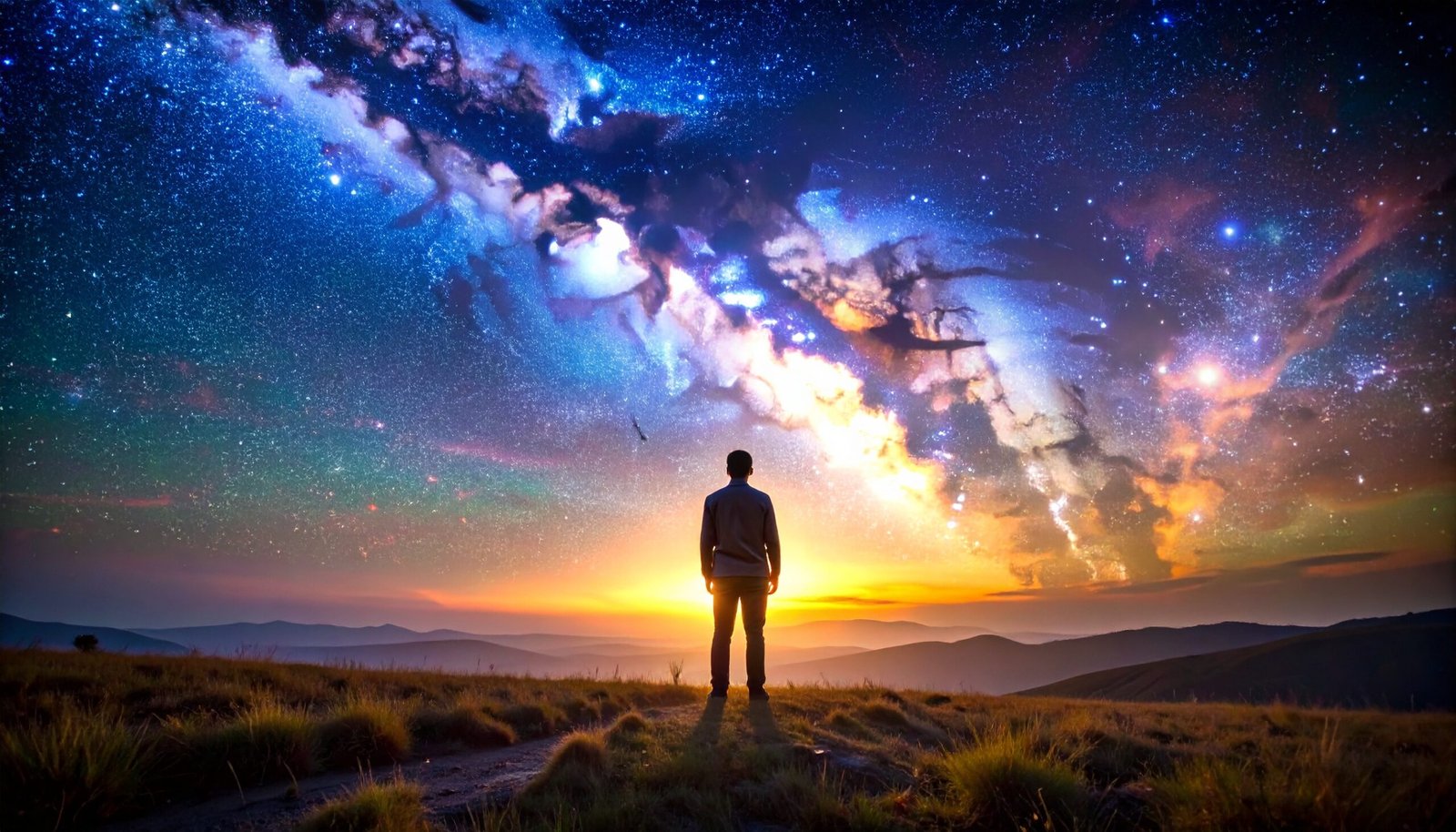 A lone figure standing beneath a vast cosmic sky filled with stars and galaxies, symbolizing the infinite expanse of creation and self-reflection.