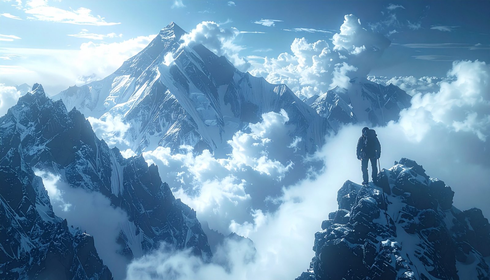 Silhouettes of climbers ascending snow-clad mountains into the clouds, symbolizing courage, perseverance, and the bold spirit that dares to rise higher.