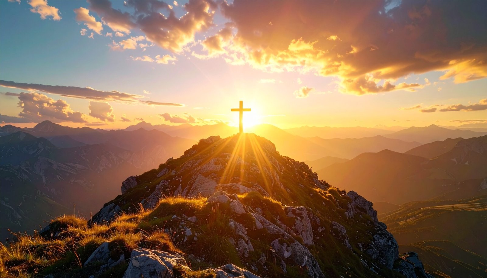 Golden sunlight breaking over a majestic mountain peak, symbolizing strength, faith, and resilience in the face of life’s challenges.