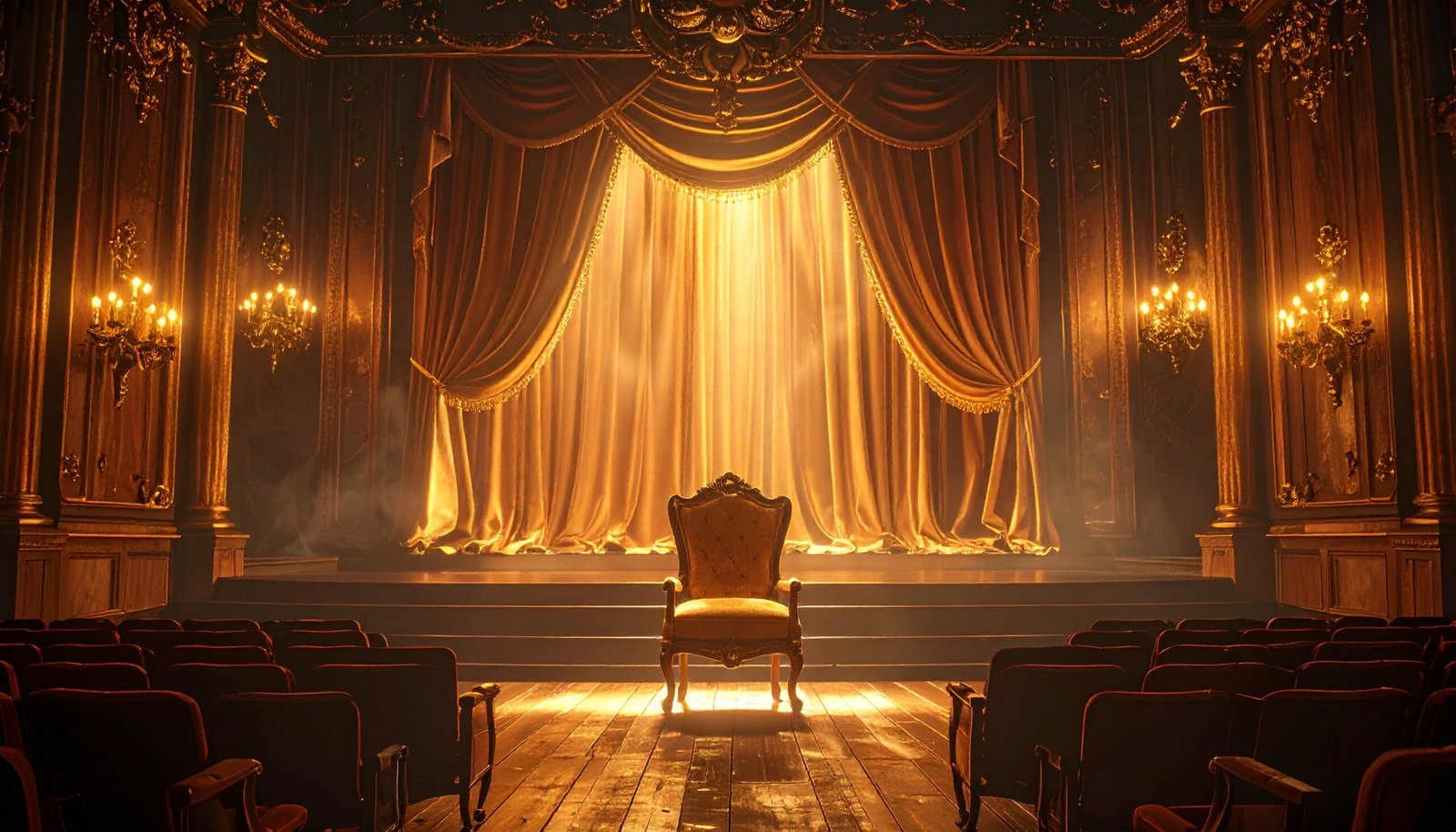 Golden spotlight on a grand theater stage with velvet curtains, symbolizing the magic and timelessness of Indian cinema.