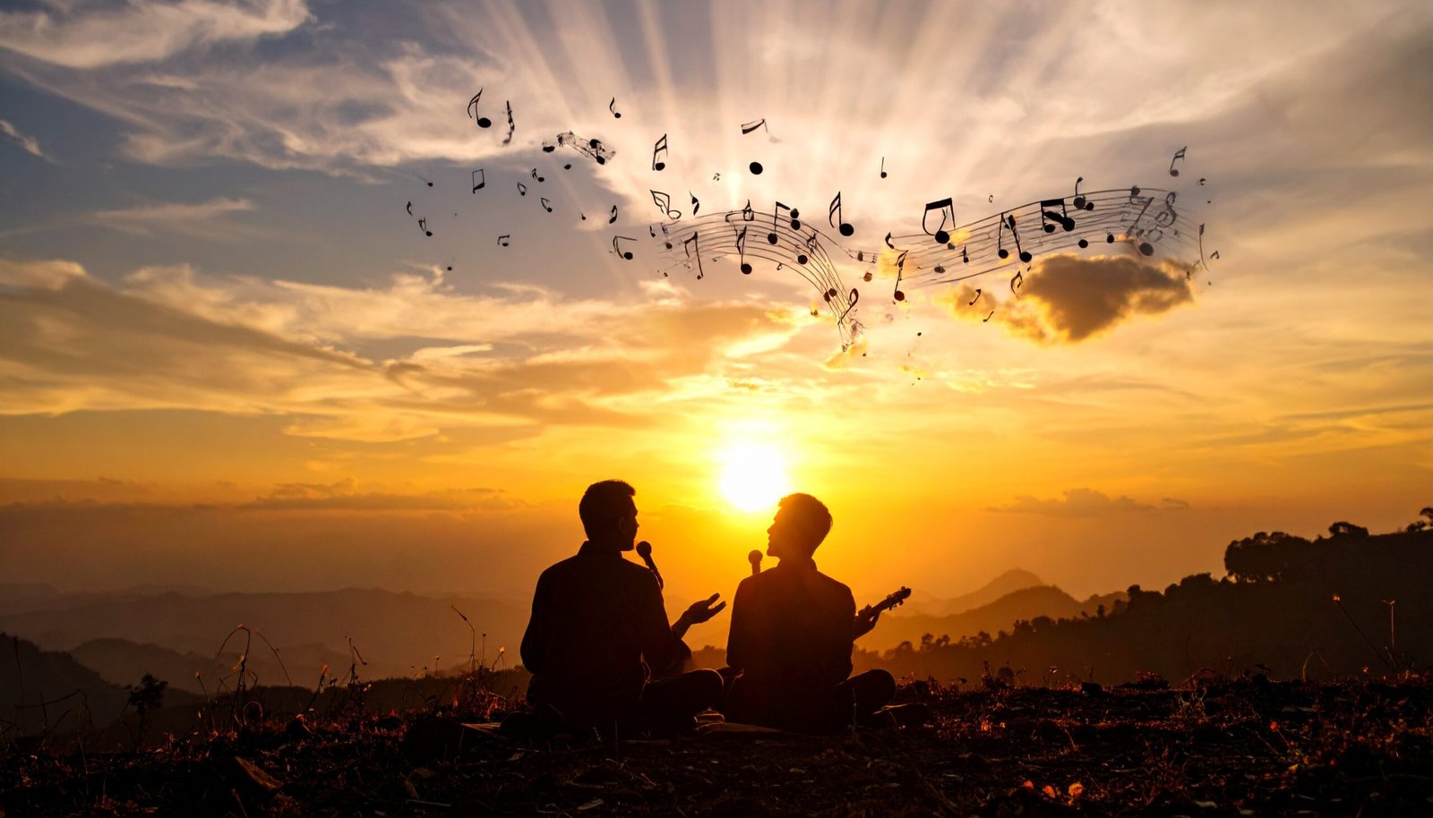 Two silhouettes of singers performing devotional bhajans against a golden sunset, symbolizing spirituality and harmony.