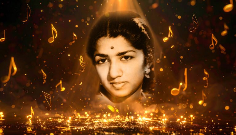 Portrait of legendary singer Lata Mangeshkar, glowing against a golden artistic background, symbolizing her timeless voice that became the soul of India.