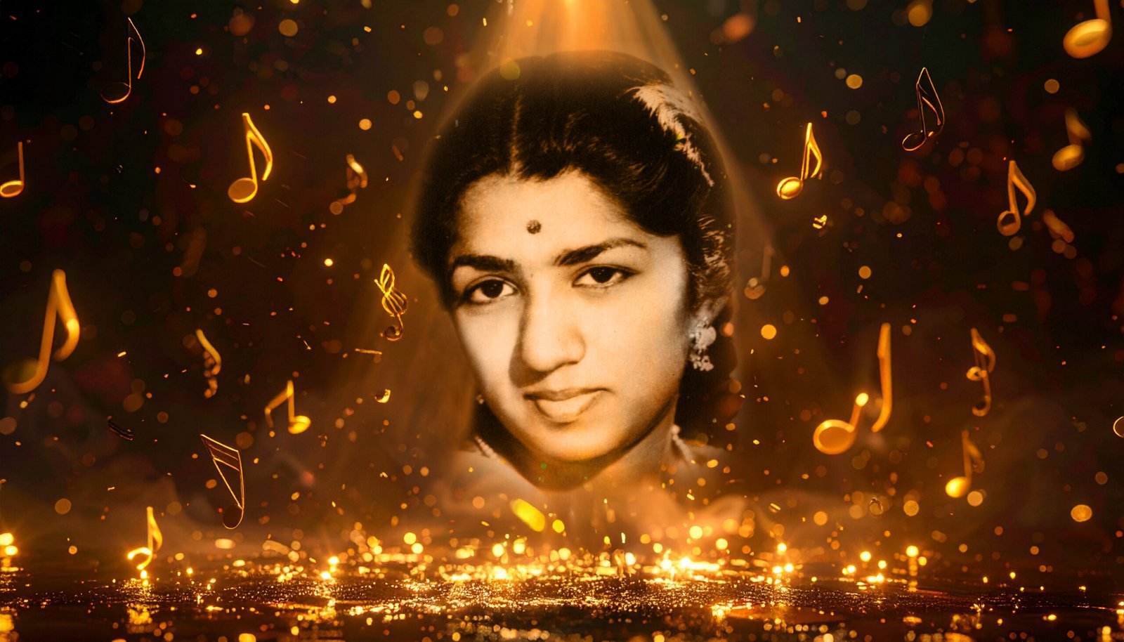 Portrait of legendary singer Lata Mangeshkar, glowing against a golden artistic background, symbolizing her timeless voice that became the soul of India.