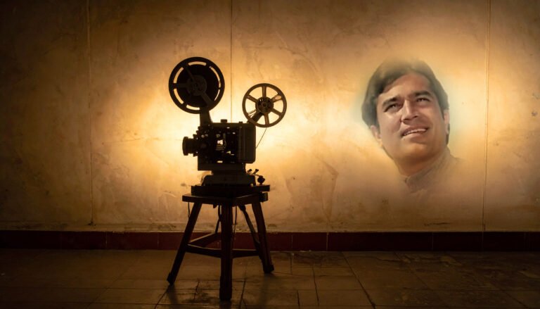 Artistic composition featuring Rajesh Khanna’s portrait alongside a vintage film projector, symbolizing his timeless presence in Indian cinema and his soulful portrayal of Sahir Ludhianvi’s poetry.