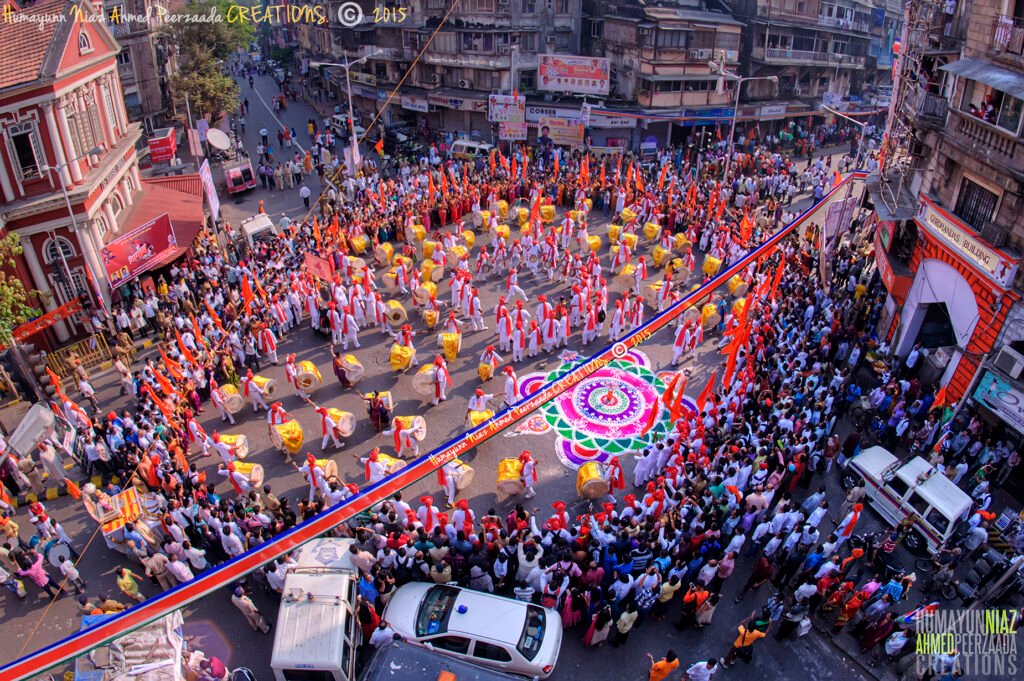 Gudhi Padwa celebration at Girgaum Circle, Mumbai — streets alive with rhythm, color, and spirit.