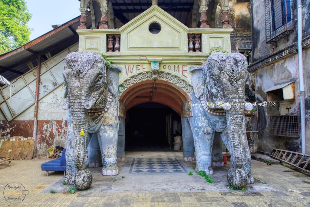 The twin elephant sculptures at the entrance of Imperial Cinema — relics of a bygone cinematic era in Mumbai.