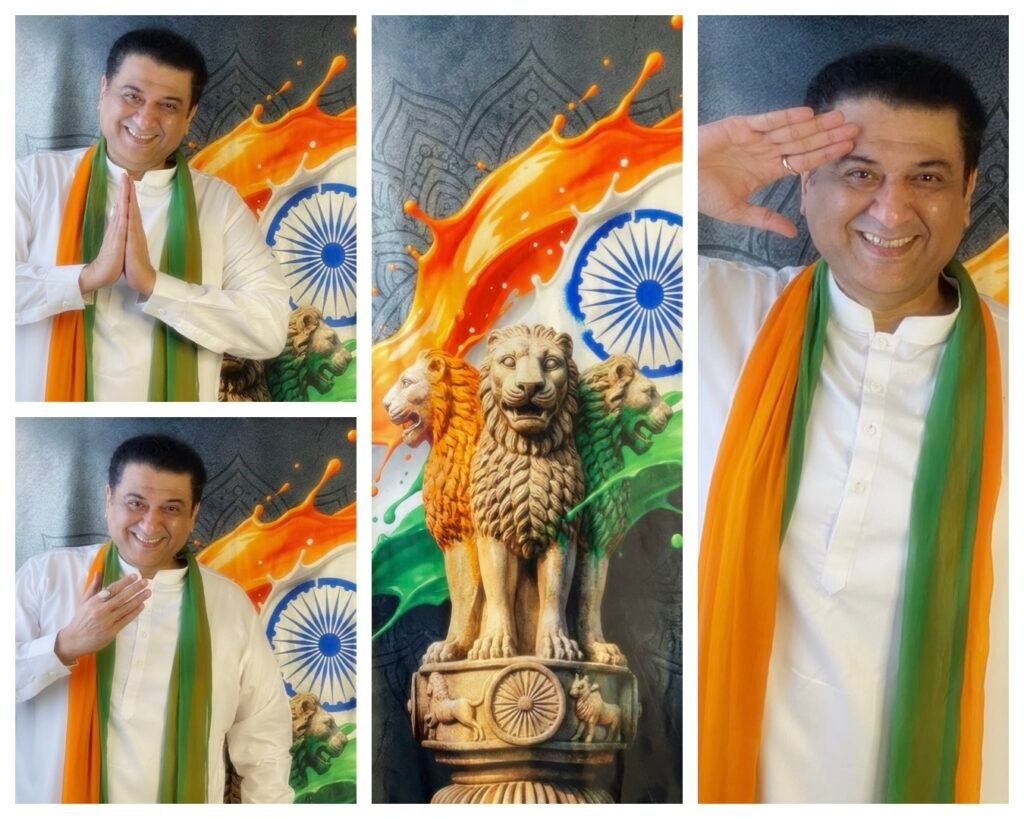 Humayunn Niaz Ahmed Peerzaada in a white kurta with a tricolour stole, posing with Namaste and salute gestures against a Republic Day backdrop featuring the Ashoka Lion Capital and Indian flag colours.