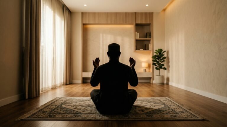 Man sitting on a prayer mat making dua in a clean warm-lit room