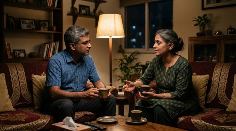 Indian middle-aged husband and wife having a conversation over tea at night in a warm living room