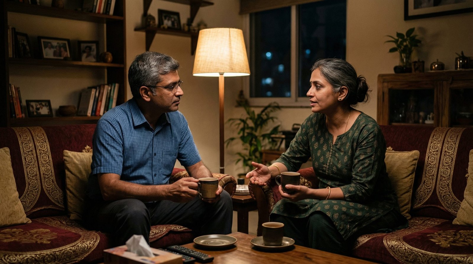 Indian middle-aged husband and wife having a conversation over tea at night in a warm living room