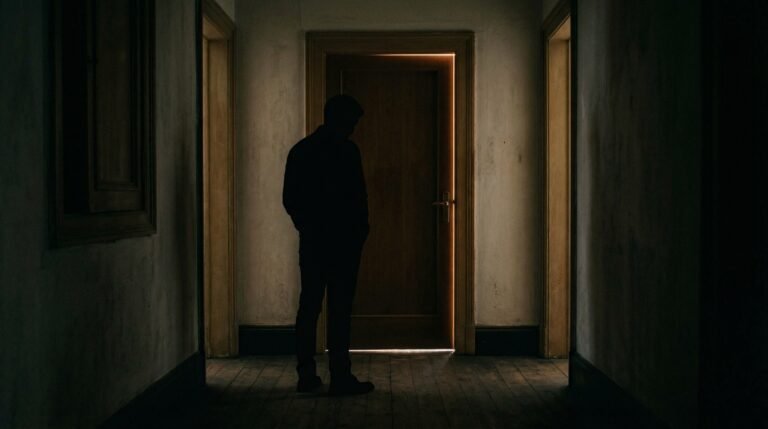 A silhouette of a man standing in front of a closed door with light coming through, symbolizing reflection and inner strength