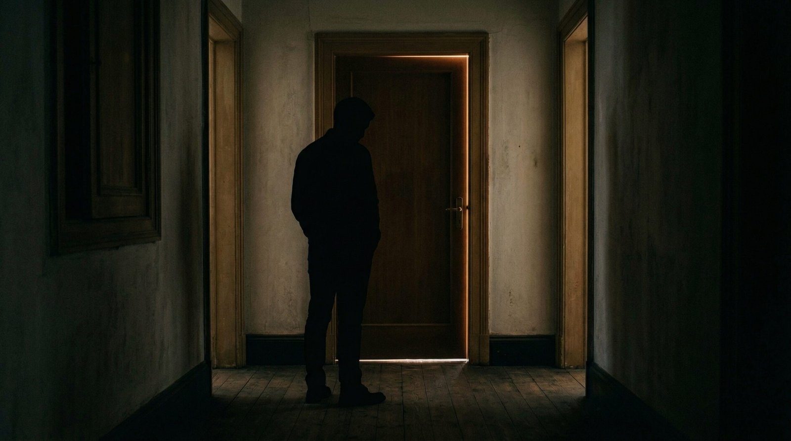 A silhouette of a man standing in front of a closed door with light coming through, symbolizing reflection and inner strength