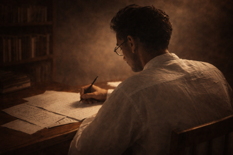 A writer inspired by Saadat Hasan Manto sitting at a desk, writing on paper, wearing a white kurta and round glasses, with scattered pages symbolizing literature, truth, and storytelling