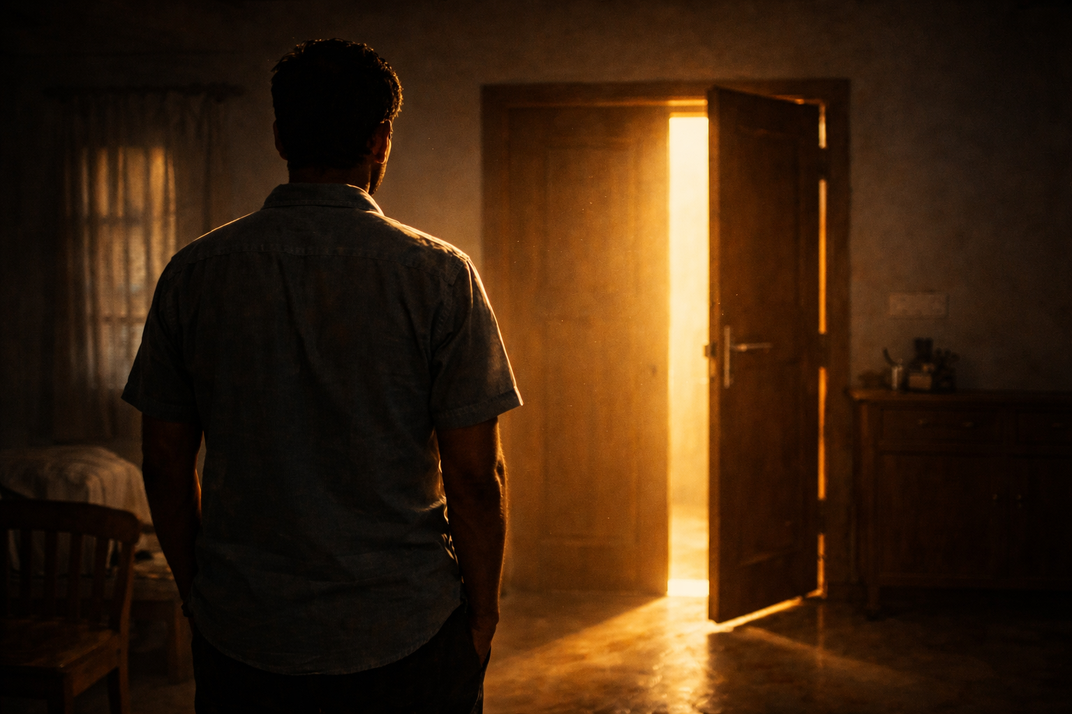 A man standing in a dark room facing a door with light, symbolizing hope and life’s turning point A man standing in a dark room facing a door with light, symbolizing hope and life’s turning point