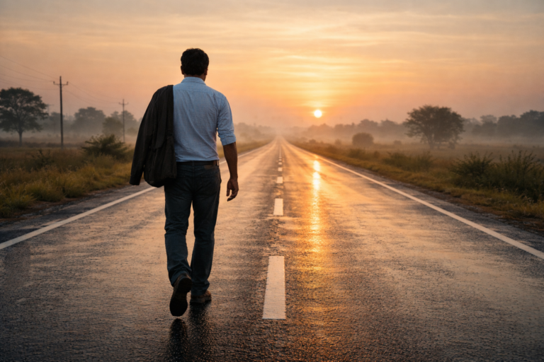 A man walking alone on an empty road at sunrise, symbolizing perseverance, hope, and moving forward despite challenges.