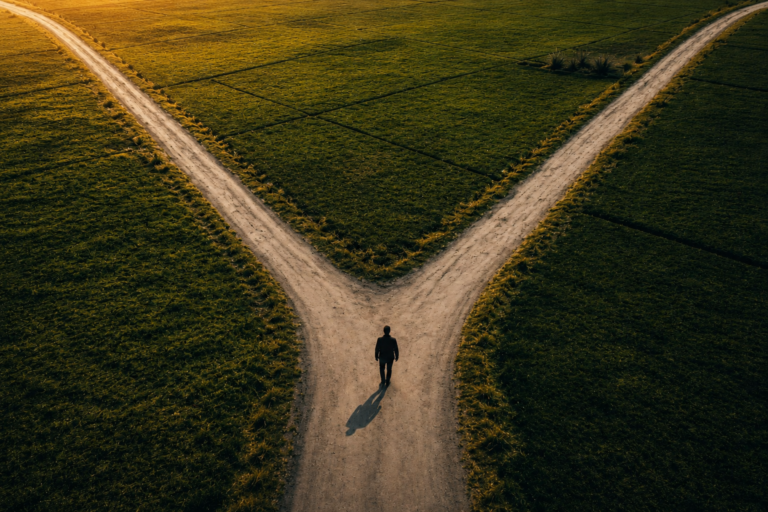 A lone person standing at a crossroads during golden hour, symbolizing life choices, courage, and emotional resilience.