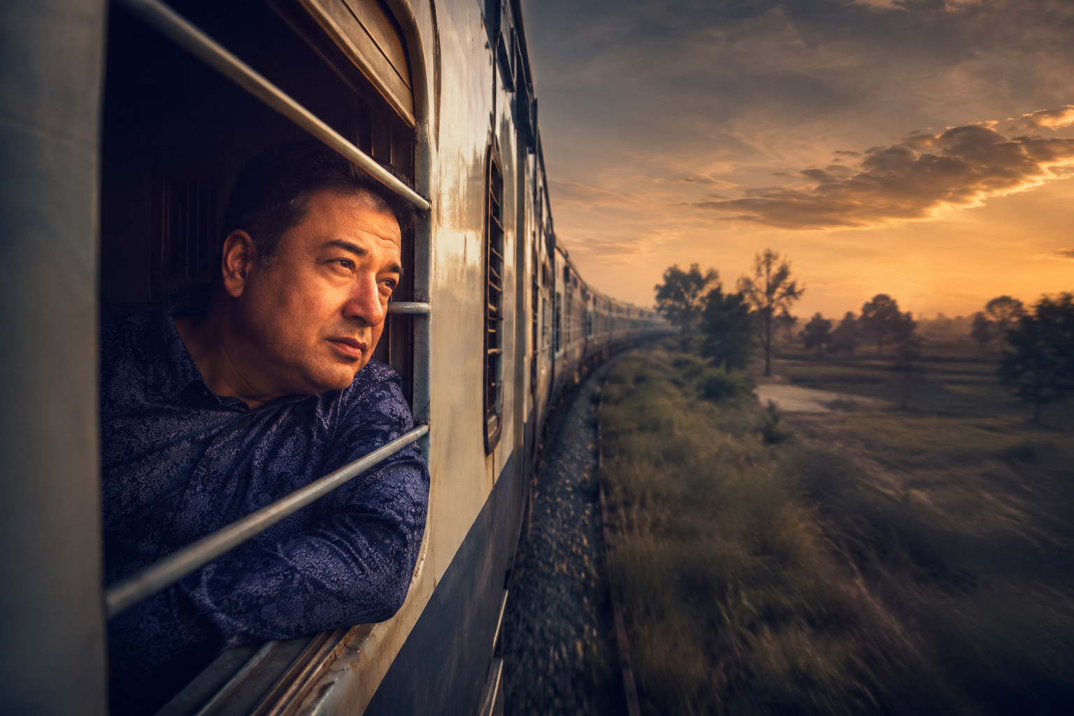 A thoughtful man looking out from a moving train during sunset, symbolizing life’s journey, reflection, and resilience.