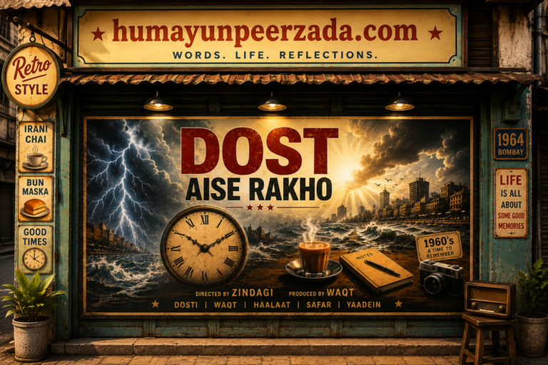 Retro-style cinematic storefront featuring a vintage poster titled “Dost Aise Rakho” with elements symbolizing friendship, time, memories, and life reflections.