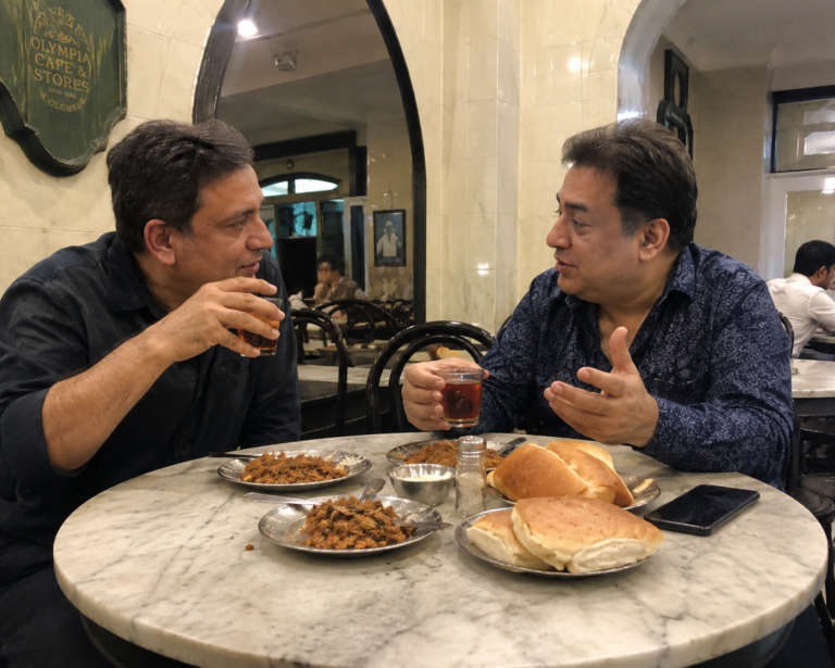 Two friends sharing tea and conversation at a vintage Irani cafe, reflecting on life, change, and personal growth.