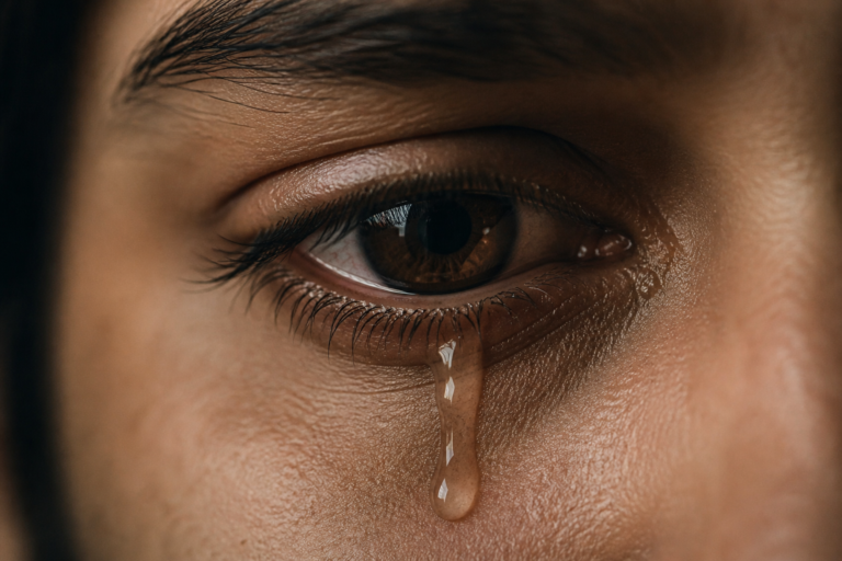 close up eye with tear emotional reflection on life and human emotions
