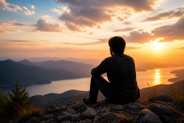man sitting on mountain at sunset reflecting on life and inner self control