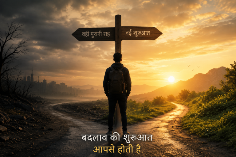 A lone person stands at a crossroads between a dark path and a sunlit road, symbolizing the choice to embrace change, personal growth, and new beginnings.