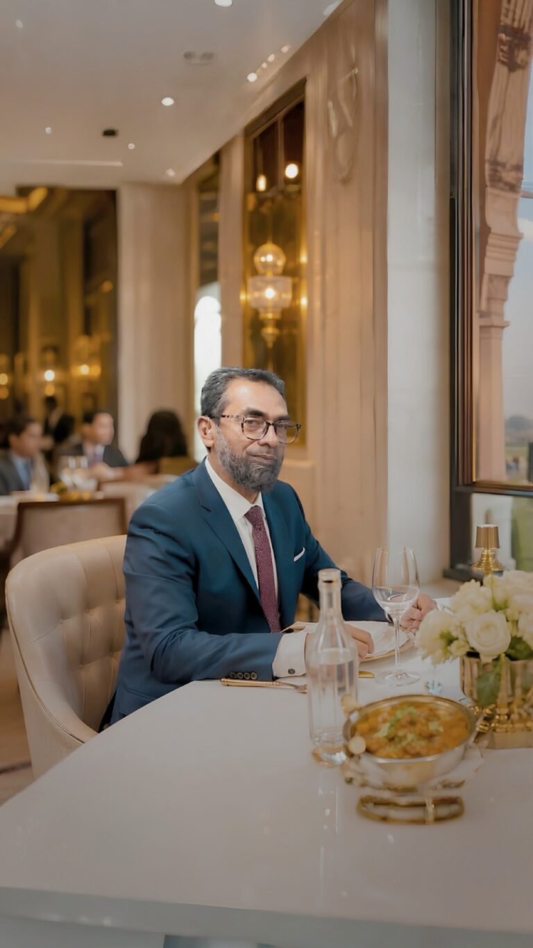 A man in a formal suit seated at a dining table, featured in a conversation about literature, books and the role of Adab in bringing peace and compassion.